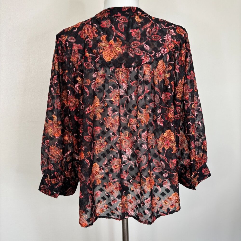 Ophelia Roe Top XL Black Orange Floral Textured 3/4 Sleeve Sheer Blouse‎ Women's - Picture 5 of 11